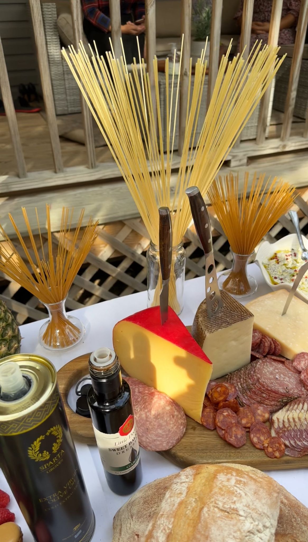 Charcuterie spread with cheeses, salami and artisan pasta